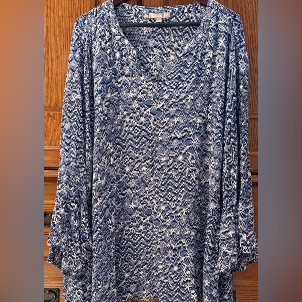 Woman Within Floral Tunic Bell Sleeve Asymmetrical Hem Oversized Flowy 3x 30/32